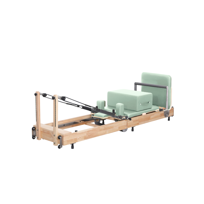 AP-1505-Folding-Sage-Green-1.png Korra Folding Oak Pilates Reformer - Sage Green Leather - Image 1